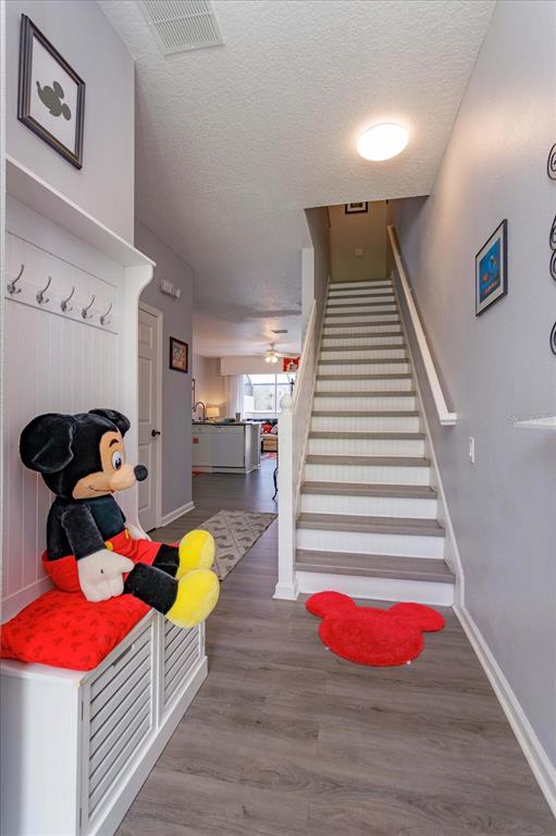 A hallway features a staircase, wood-look flooring, and Mickey Mouse-themed decor including a large plush toy — 8110 PRINCESS PALM LANE, KISSIMMEE, FL