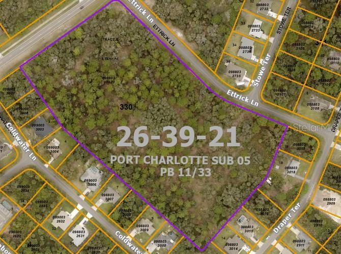 This is an aerial map showing a large, undeveloped parcel of land outlined in purple — 3100 S CRANBERRY BOULEVARD, NORTH PORT, FL