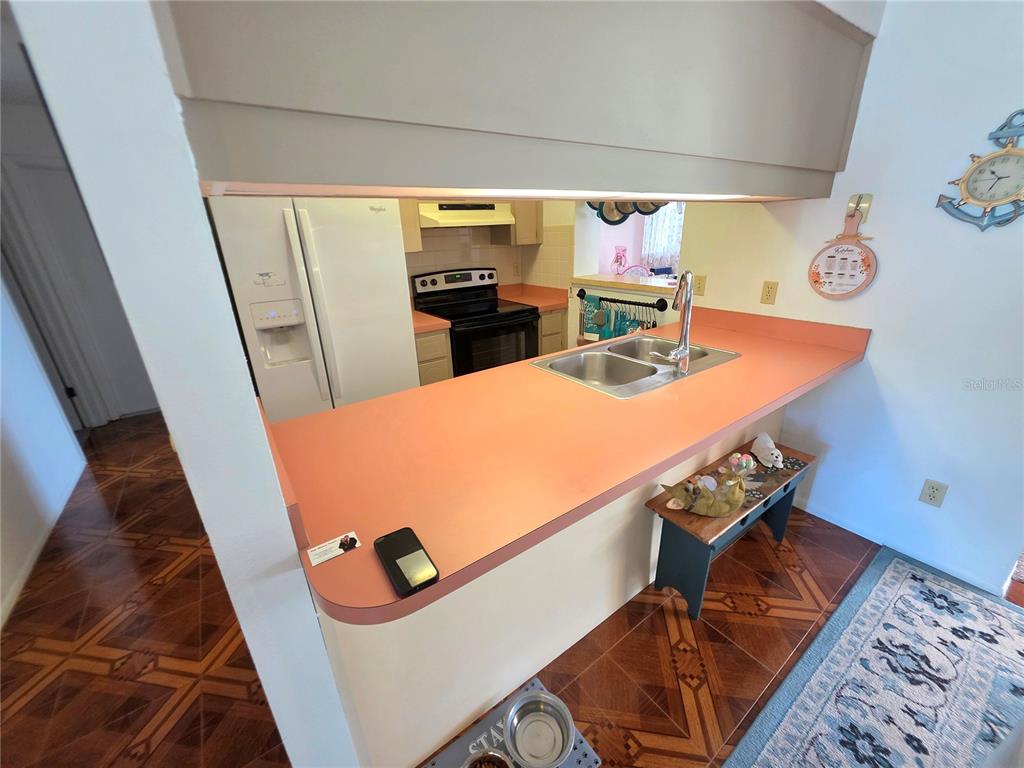 A kitchen features a salmon-colored countertop, a double sink, and patterned tile flooring — 4164 GLADE ROAD, SPRING HILL, FL