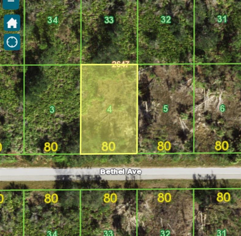 This is a map showing a rectangular parcel of land highlighted in yellow along Bethel Avenue — 14020 BETHEL AVENUE, PORT CHARLOTTE, FL