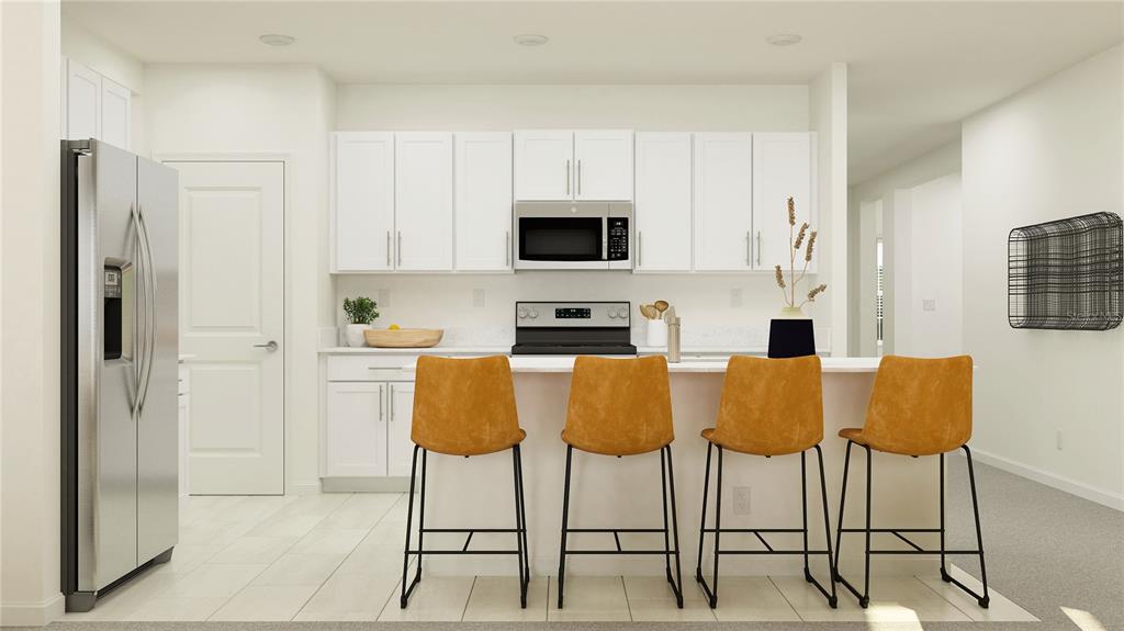 This is a rendering of a modern kitchen featuring white cabinets, stainless steel appliances, and barstools — 12505 OAK PICK TERRACE, PALMETTO, FL