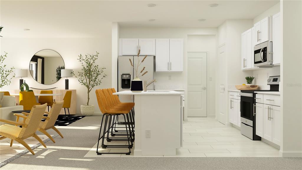 This rendering shows a modern kitchen with white cabinets, a center island, and adjacent dining area — 12505 OAK PICK TERRACE, PALMETTO, FL