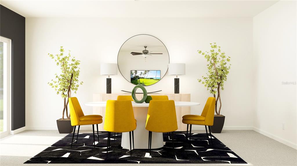 This is a digital rendering of a dining room featuring yellow chairs and a rug — 12505 OAK PICK TERRACE, PALMETTO, FL