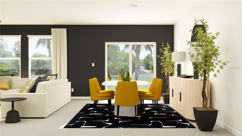 This is a digital rendering of a living and dining area with yellow chairs — 12505 OAK PICK TERRACE, PALMETTO, FL