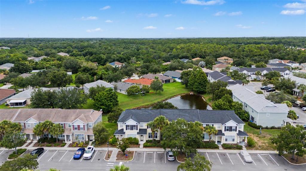 An aerial view shows townhomes with parking lots, a small pond, and surrounding wooded areas — 12216 COUNTRY WHITE CIRCLE UNIT 12216, TAMPA, FL