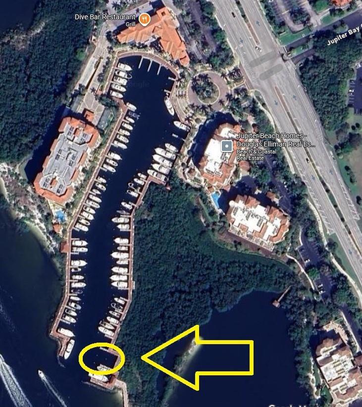 This is an aerial map view of a marina with docked boats and surrounding buildings — 348 S US Highway 1, Jupiter FL 33477, JUPITER, FL