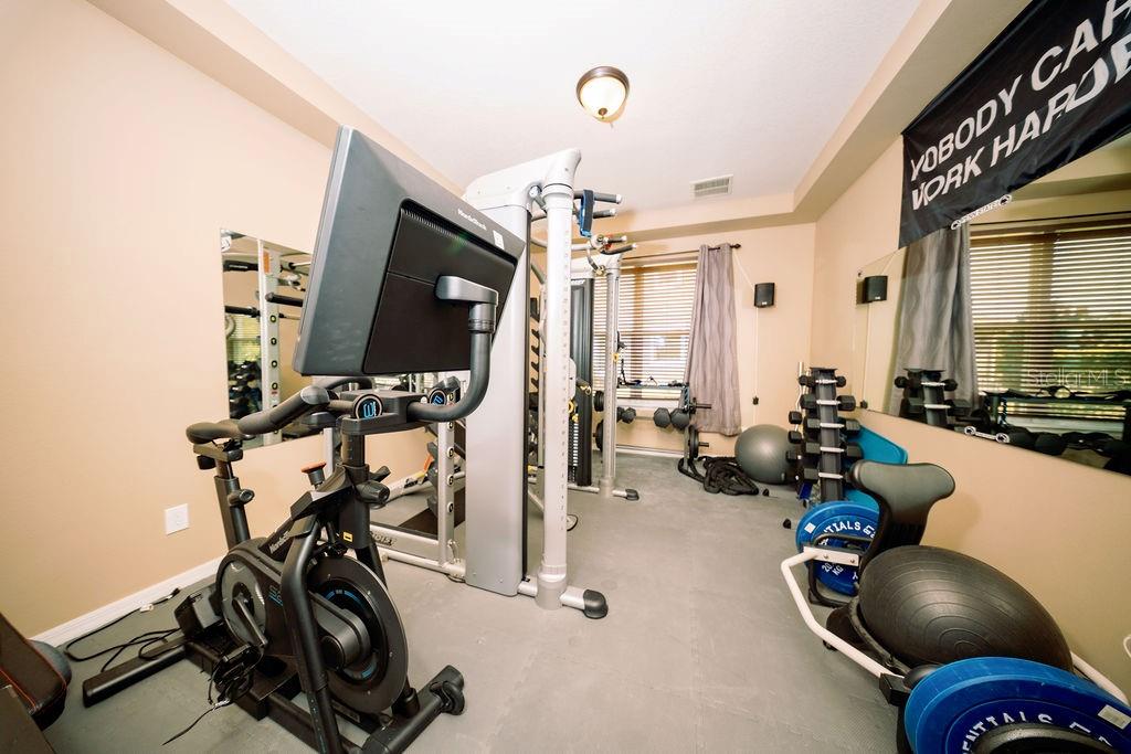 A home gym features a stationary bike, a cable machine, and various free weights — 8173 GAMEMASTER AVENUE, ORLANDO, FL