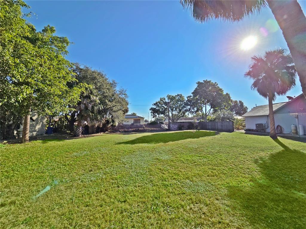 A grassy backyard features mature trees, a palm tree, and a wooden fence — 6225 FLAMINGO DRIVE, APOLLO BEACH, FL