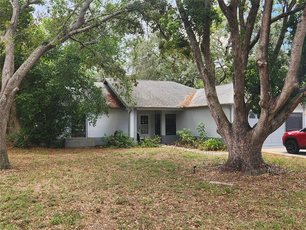 A single-story house with a gray roof and white exterior sits behind large oak trees — 6202 PIEDMONT DRIVE, SPRING HILL, FL