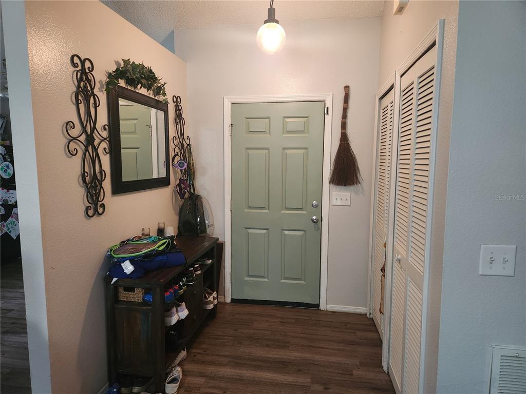 An entryway features a sage green door, a wooden shoe rack, and a wall mirror — 6202 PIEDMONT DRIVE, SPRING HILL, FL