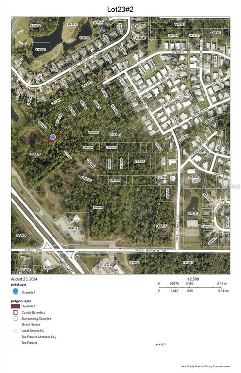This is an aerial map showing property parcel boundaries and street layouts in a residential area — Lot 23 PARK FOREST BLVD, MOUNT DORA, FL