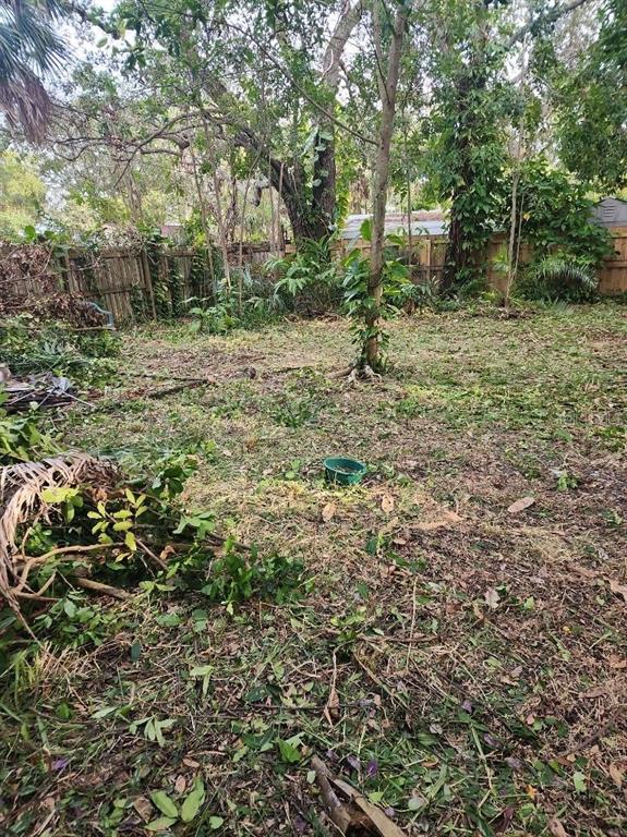 A backyard area features a wooden fence, scattered yard debris, and several mature trees — 2720 BAYSIDE DRIVE S, ST PETERSBURG, FL