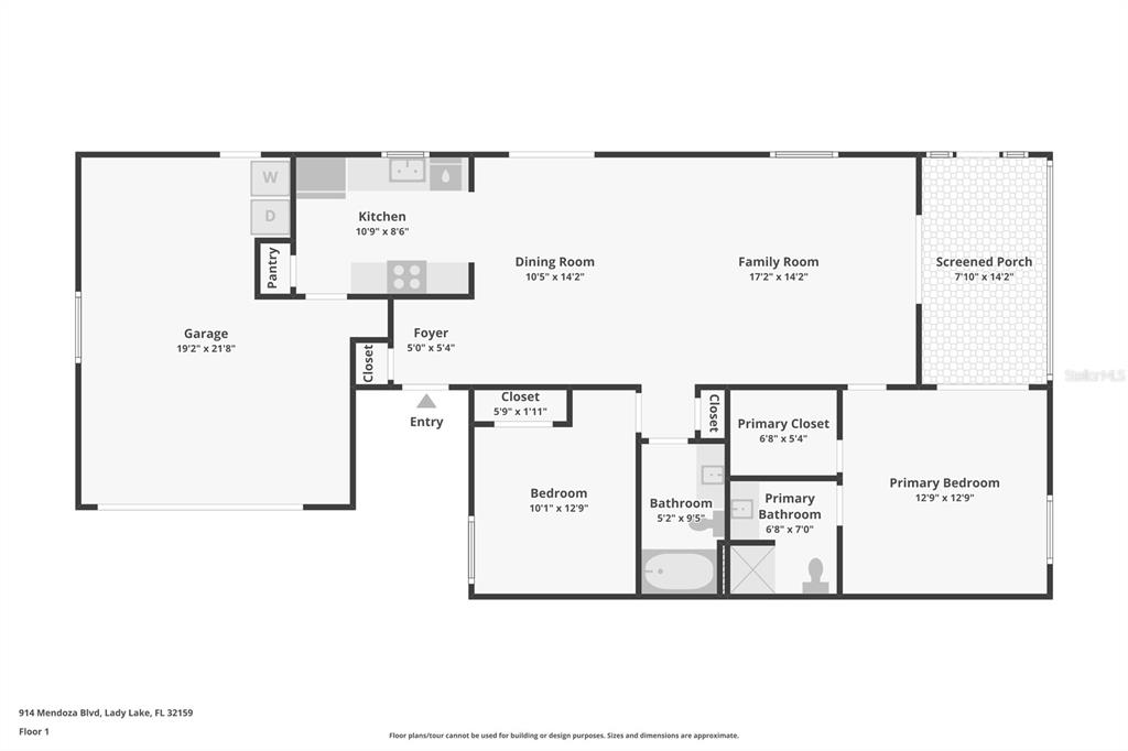 This is a floor plan of a single-story house featuring a garage, kitchen, and porch — 914 MENDOZA BOULEVARD, LADY LAKE, FL