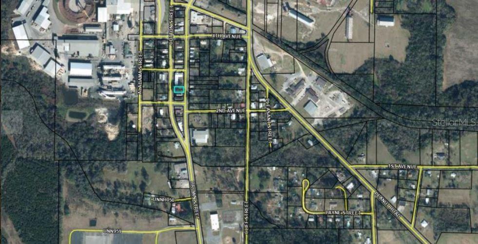 This is an aerial map showing a property outlined in blue within a town grid — 5279 BROWN STREET, GRACEVILLE, FL
