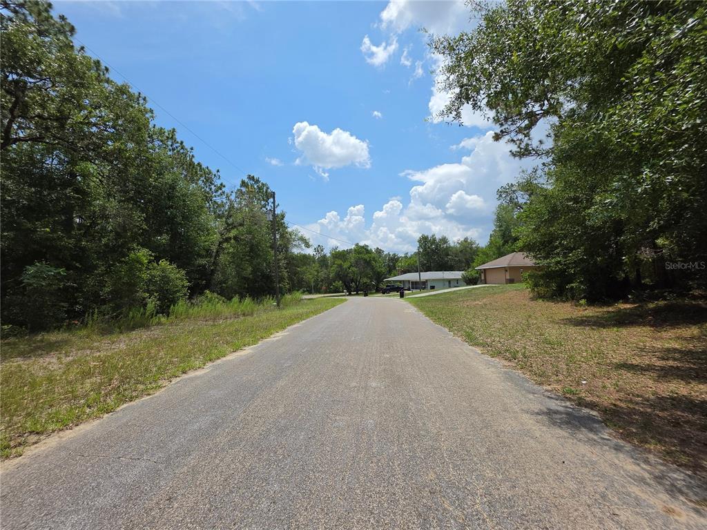 A paved road leads past wooded lots toward a house with a tan roof — 8425 N FORESOME WAY, DUNNELLON, FL