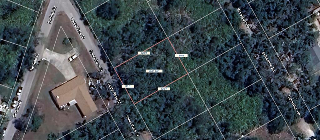 This is an aerial map showing a rectangular plot of land outlined in red — SANTA ROSA STREET, NORTH PORT, FL