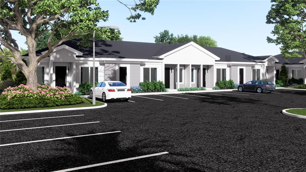 This is a digital rendering of a modern single-story apartment complex with a paved parking lot — 1205 NELA AVENUE, ORLANDO, FL