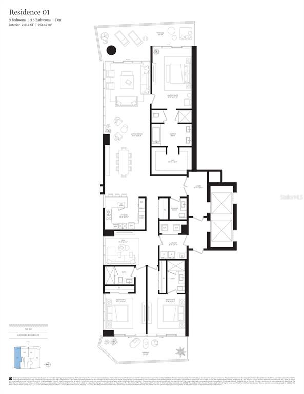 This is a floor plan for a three-bedroom, 3.5-bathroom residential unit with a den and terrace — 3015 S YSABELLA AVENUE UNIT 2401, TAMPA, FL