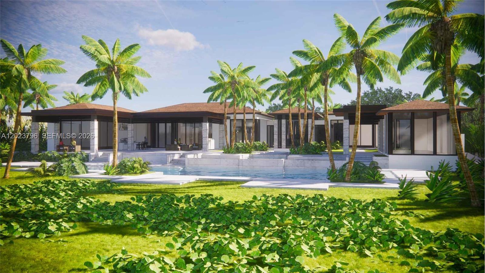This is a rendering of a modern house exterior featuring a pool and palm trees — 508 S Beach Rd, Jupiter Island FL 33455, JUPITER ISLAND, FL