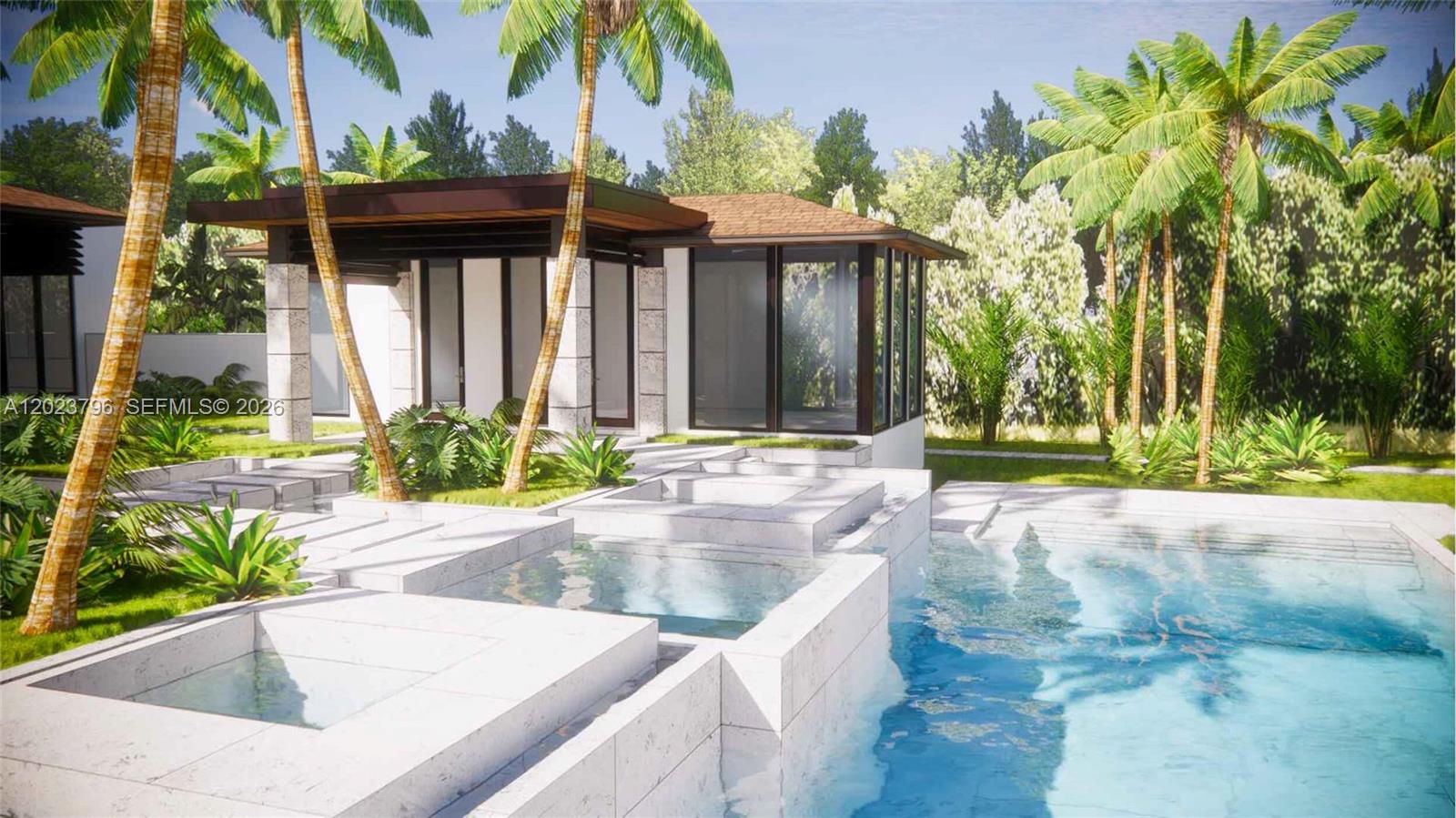 This is a rendering of a modern house exterior with a tiered pool and palm trees — 508 S Beach Rd, Jupiter Island FL 33455, JUPITER ISLAND, FL