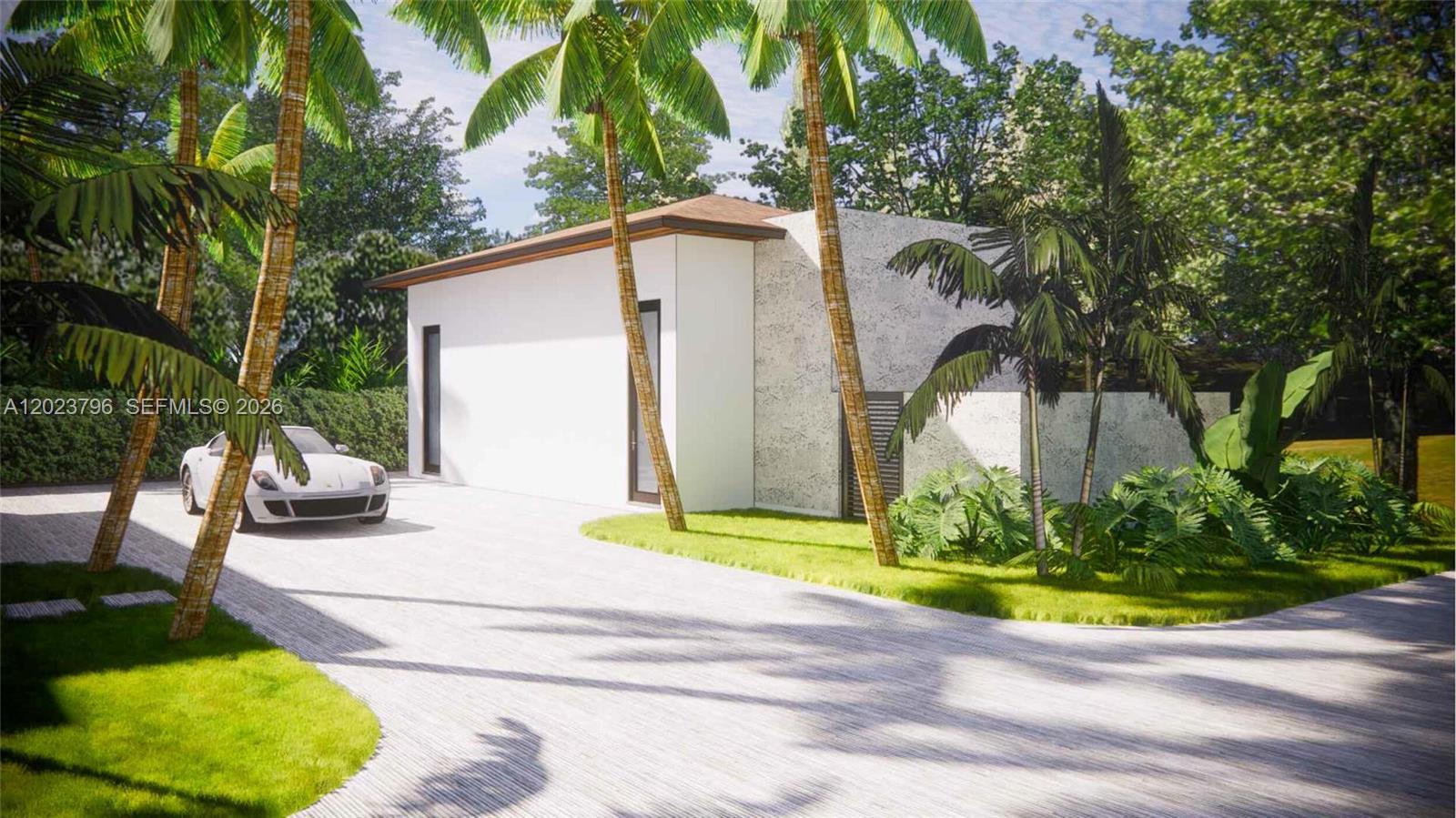 A digital rendering shows a modern white house with a stone accent wall and driveway — 508 S Beach Rd, Jupiter Island FL 33455, JUPITER ISLAND, FL