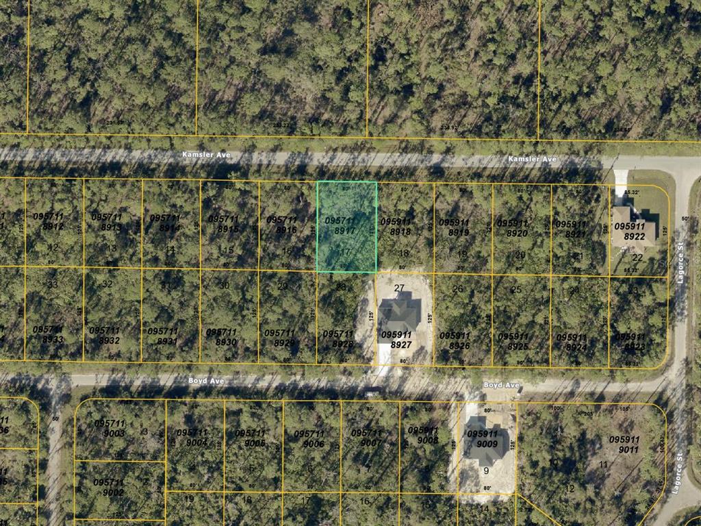 This is an aerial map showing residential land parcels and streets — 0 KAMSLER AVENUE, NORTH PORT, FL