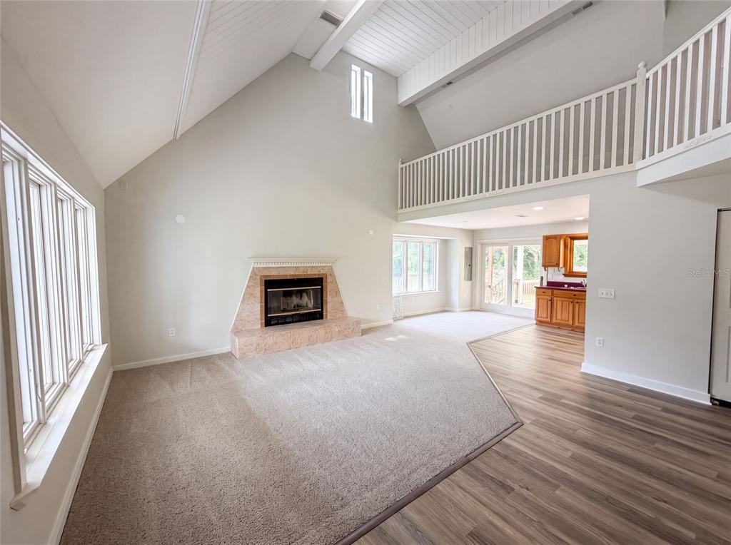 A living room with a vaulted ceiling, fireplace, carpeted floor, and an adjacent kitchen area — 9701 BLACK BEAR COURT, NEW PORT RICHEY, FL