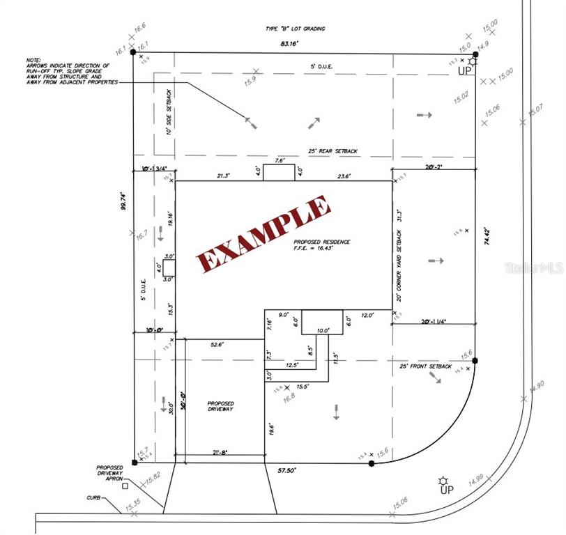 This is a site plan rendering showing the proposed residence footprint on a corner lot — 401 S KENTUCKY AVENUE, DELAND, FL