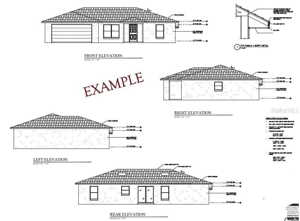 This architectural rendering shows the front, rear, left, and right elevations of a single-story house — 401 S KENTUCKY AVENUE, DELAND, FL