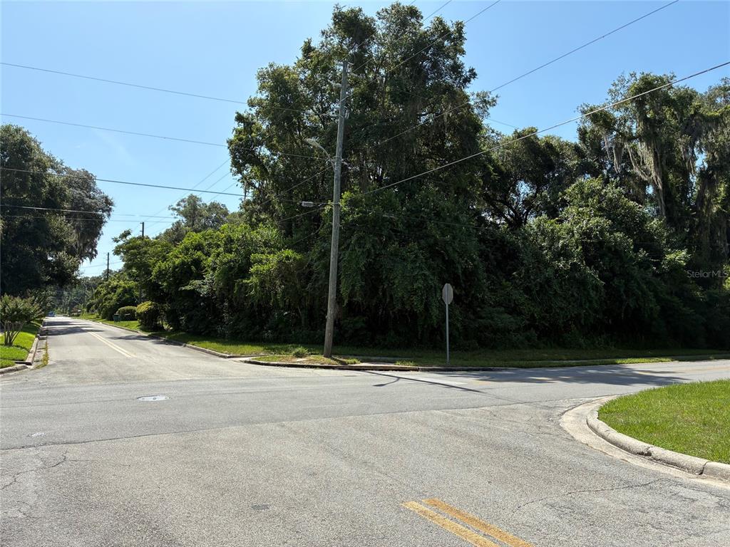 A paved intersection features a utility pole and dense trees bordering a grassy corner lot — 401 S KENTUCKY AVENUE, DELAND, FL