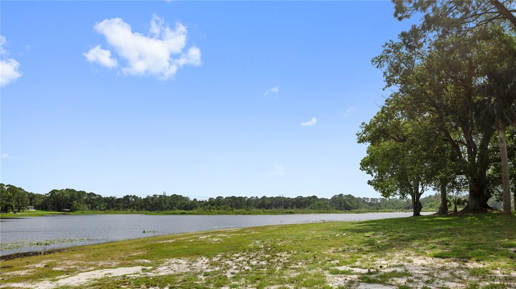 A grassy shoreline overlooks a lake with a line of trees in the distance — 2636 REAGAN TRAIL, LAKE MARY, FL