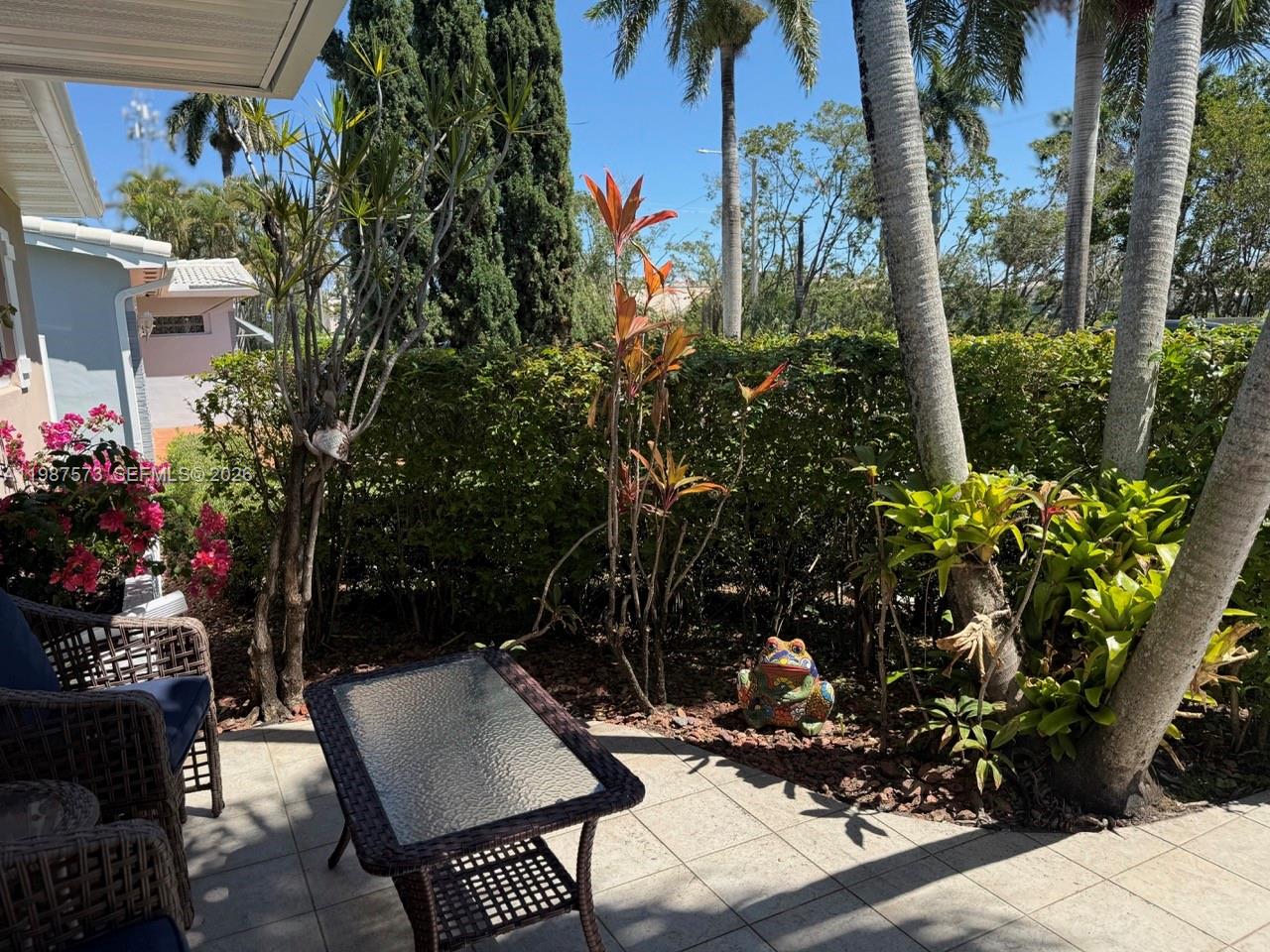 A patio features wicker furniture, a glass-topped table, a decorative frog statue, and tropical landscaping — 1411 Harding St, Hollywood FL 33020, HOLLYWOOD, FL