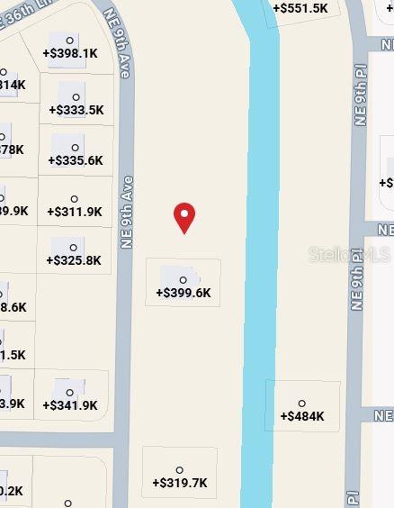This is a map showing property locations and estimated real estate values in a neighborhood — 3615 NE 9TH AVENUE, CAPE CORAL, FL