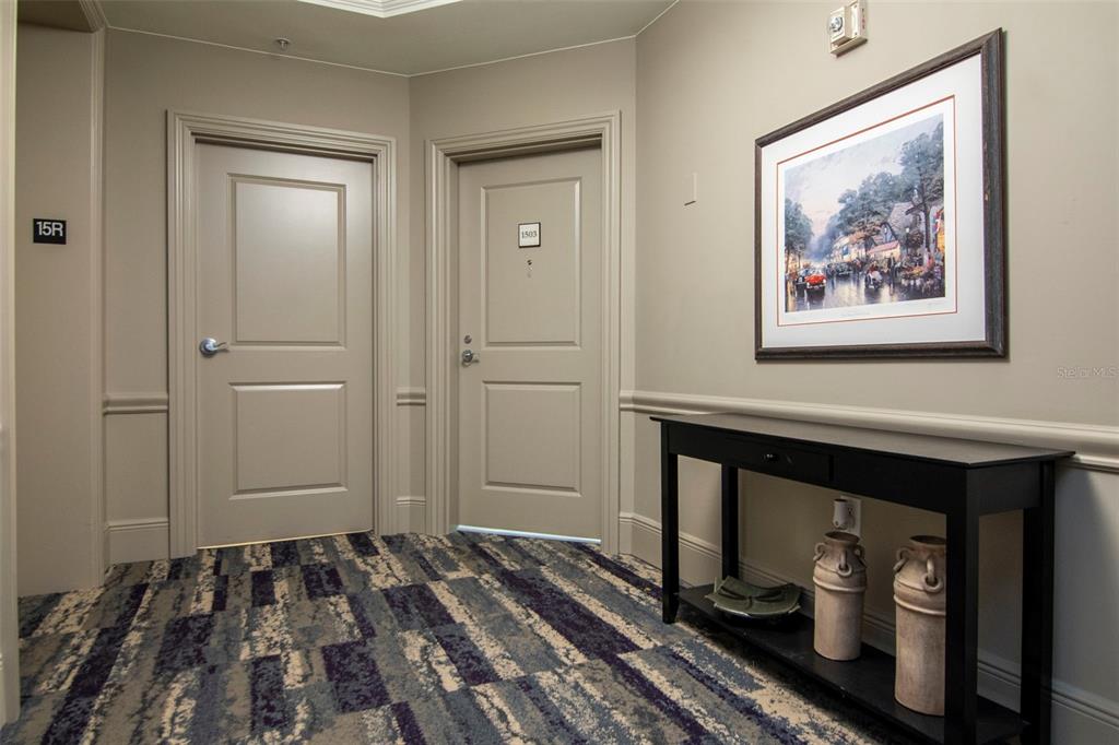 A hallway with patterned carpet, two beige doors, a black console table, and framed artwork — 450 KNIGHTS RUN AVENUE UNIT 1503, TAMPA, FL