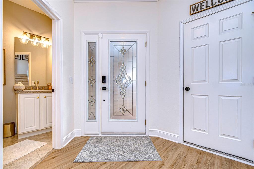 An entryway features a white front door with glass panels, wood-look flooring, and a bathroom — 208 ELM VIEW COURT, BRANDON, FL