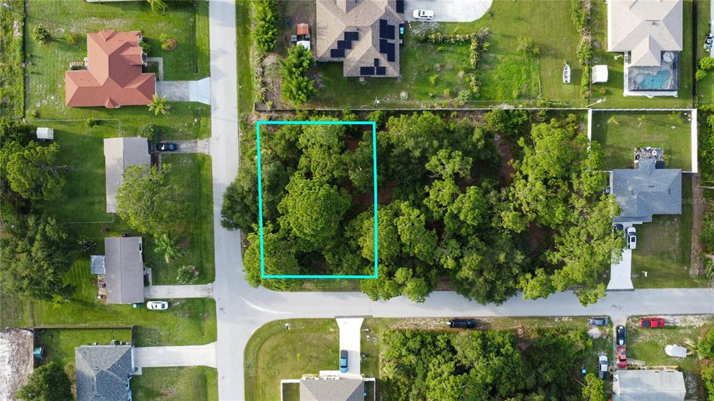 An aerial view shows a vacant, tree-covered residential lot outlined in cyan — WADSWORTH ST, PALM BAY, FL