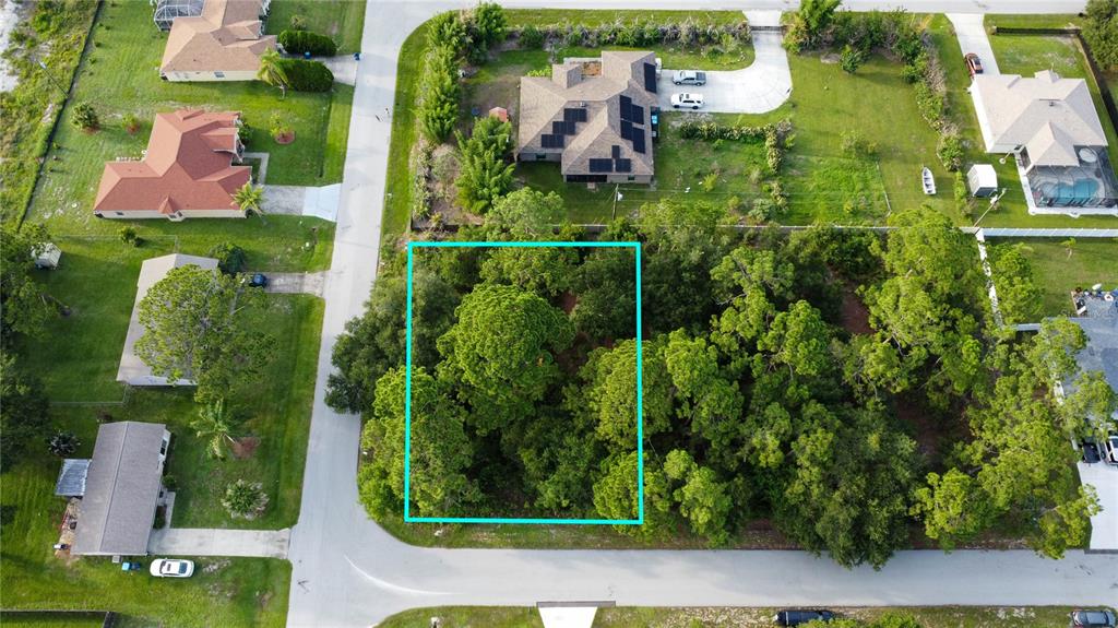 An aerial view shows a vacant, tree-covered residential lot outlined in blue next to houses — WADSWORTH ST, PALM BAY, FL