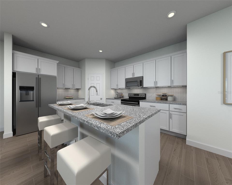 This is a rendering of a modern kitchen featuring white cabinets, granite countertops, and an island — 5318 WILLOW CREEK, HAINES CITY, FL
