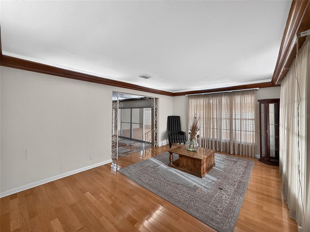 A living room with hardwood floors, a patterned area rug, and a decorative metal archway — 305 N GLEN AVENUE, TAMPA, FL