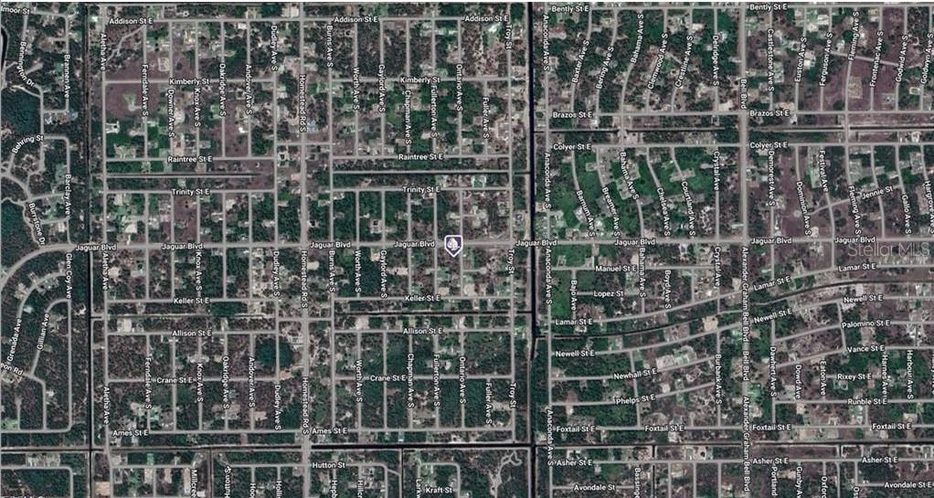 This is an aerial map view of a residential neighborhood with a marked property location — 804 ONTARIO AVENUE S, LEHIGH ACRES, FL