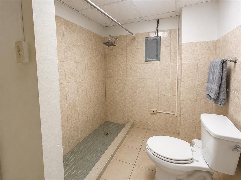 A bathroom features a tiled walk-in shower, a white toilet, and an exposed electrical panel — 1716 SAN ALFONSO, SAN JUAN, PR