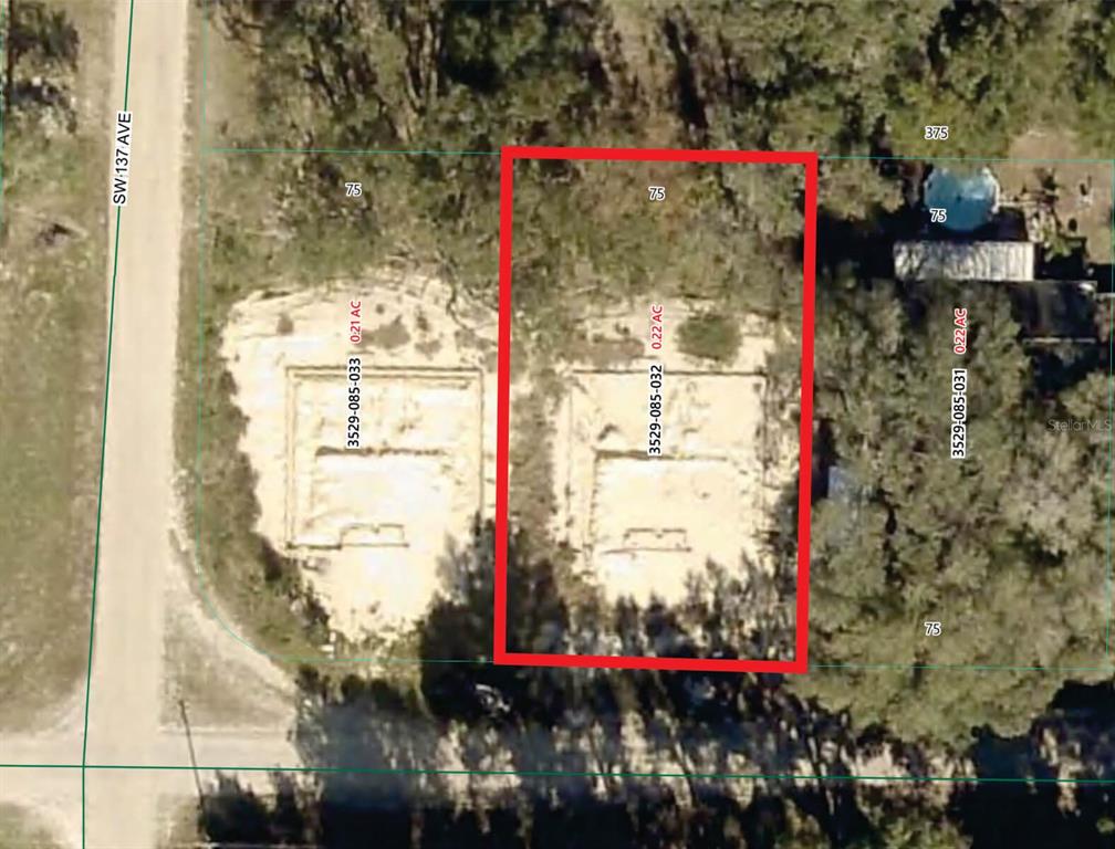This is an aerial map showing a rectangular parcel of land outlined in red — 13679 SW 102ND PLACE, DUNNELLON, FL
