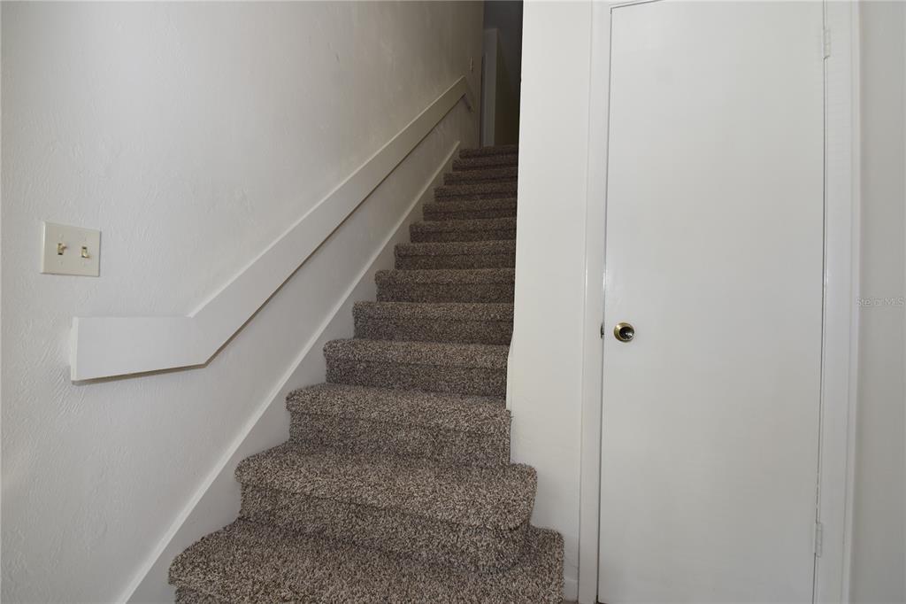 A carpeted staircase with a white handrail sits next to a closed white door — 38 OXFORD LANE UNIT 38, PALM COAST, FL