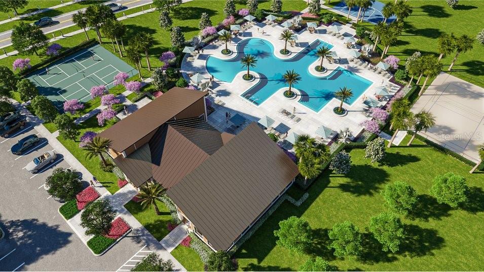 This is a rendering of a community clubhouse featuring a swimming pool and sports courts — 2635 LASSO LOOP, EAGLE LAKE, FL
