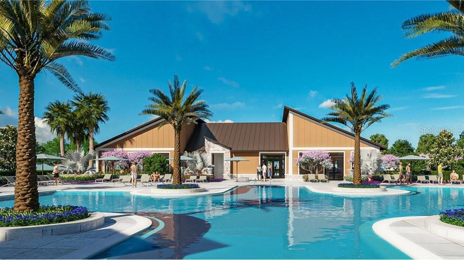 This is a digital rendering of a community clubhouse exterior with a swimming pool — 2635 LASSO LOOP, EAGLE LAKE, FL