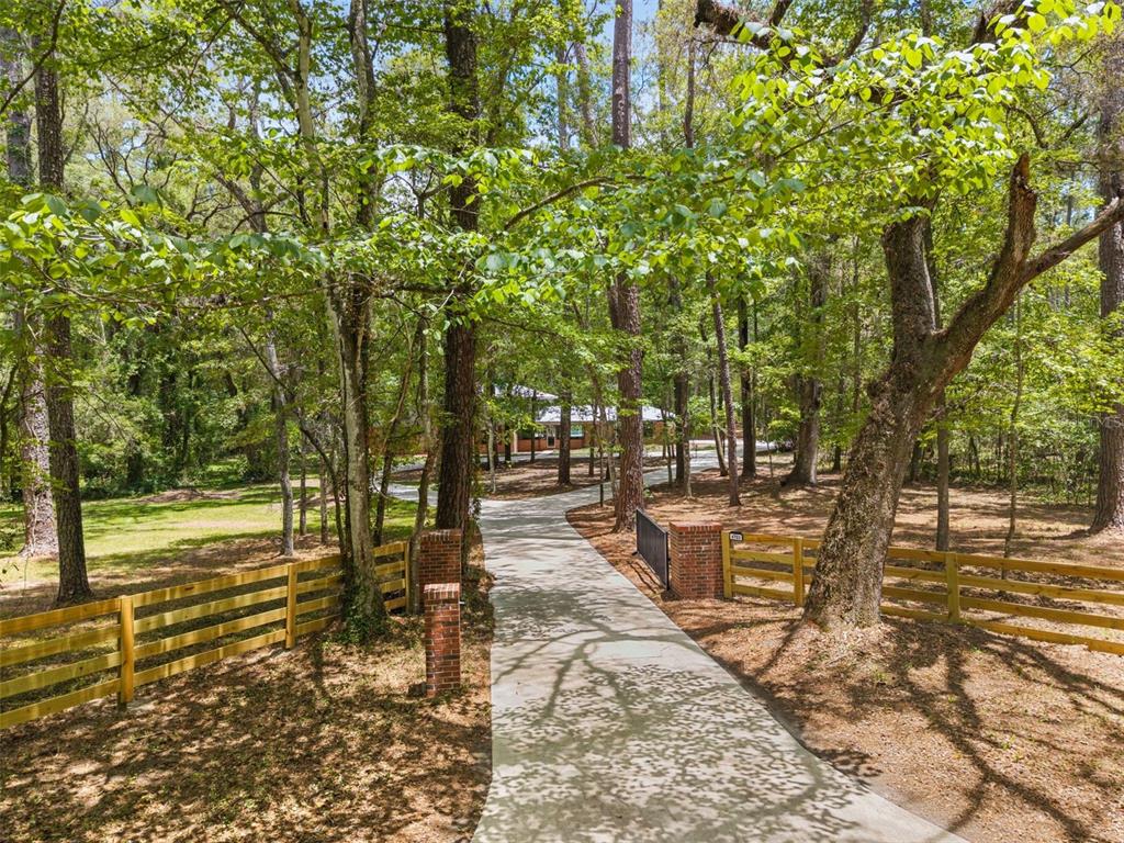 A concrete driveway leads through a wooded yard toward a house behind a brick gate — 4703 NW 124TH STREET, GAINESVILLE, FL