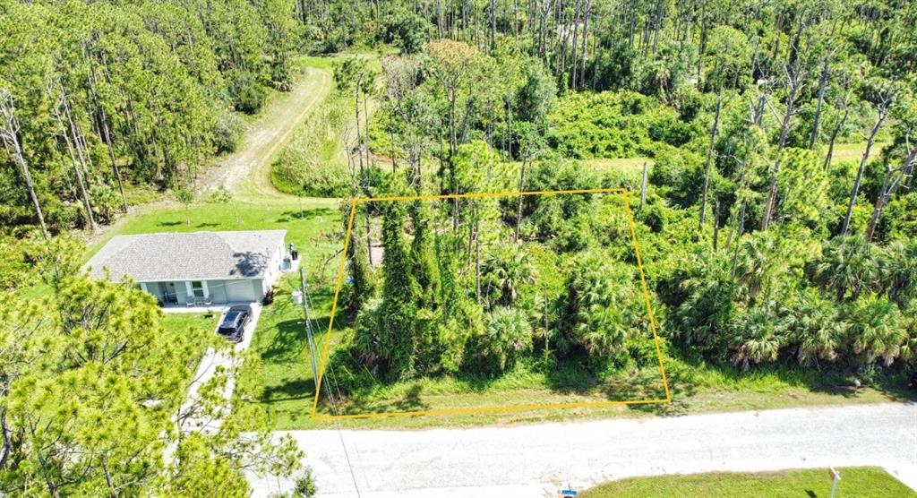 An aerial view shows a vacant, wooded lot outlined in yellow next to a house — ARMENIA ROAD, NORTH PORT, FL