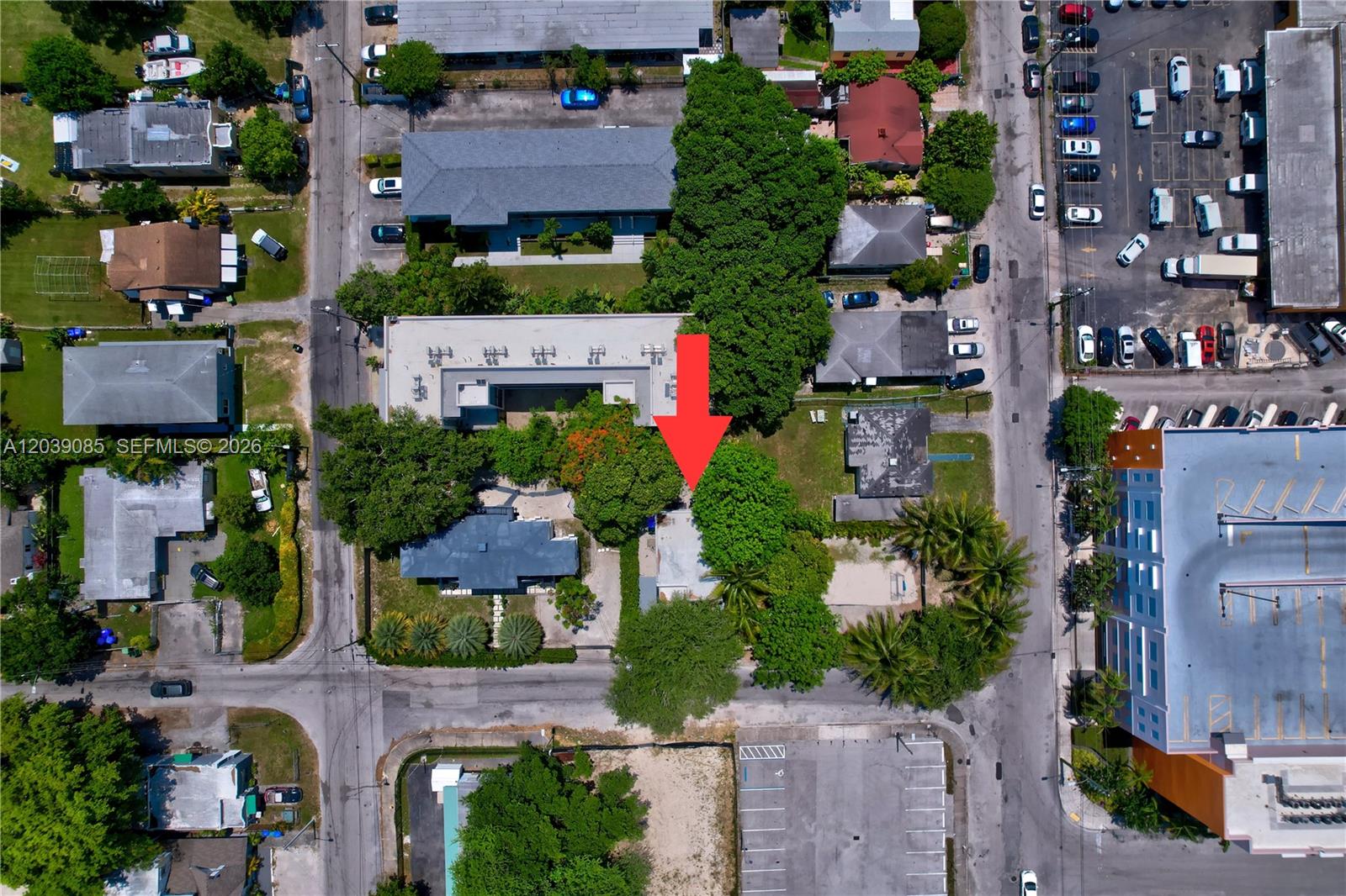 An aerial view shows a residential property marked by a red arrow among trees — 8280 NE 1st Pl, Miami FL 33138, MIAMI, FL