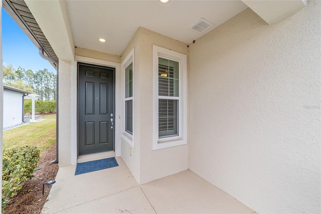 A covered entryway features a dark front door, two windows, and light-colored stucco walls — 5882 SW 93RD CIRCLE, OCALA, FL