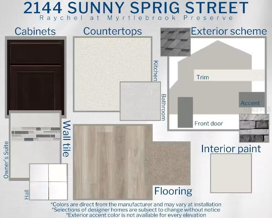 This design board displays interior and exterior finish selections for a residential property — 2144 SUNNY SPRIG STREET, LAKELAND, FL